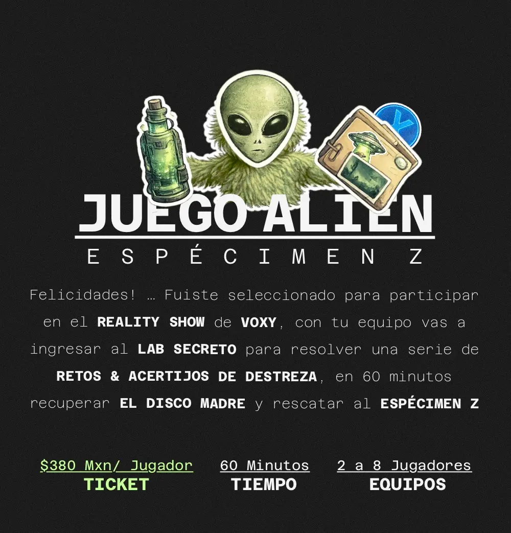 Escape Room X. Salas de Enigma Rooms inmersivas. Resuelve retos de destreza mental y habilidad en un tiempo maximo de 60 minutos. Para equipos de 2 a 7 jugadores. Horario Miercoles a Domingo 2:00 a 10:00